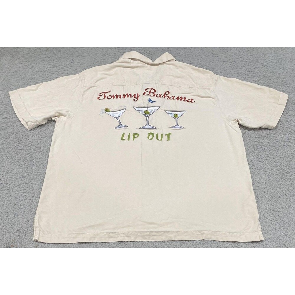 Tommy Bahama Shirt Mens Medium Beige Silk Lip Out Golf Cocktail Camp Embroidered